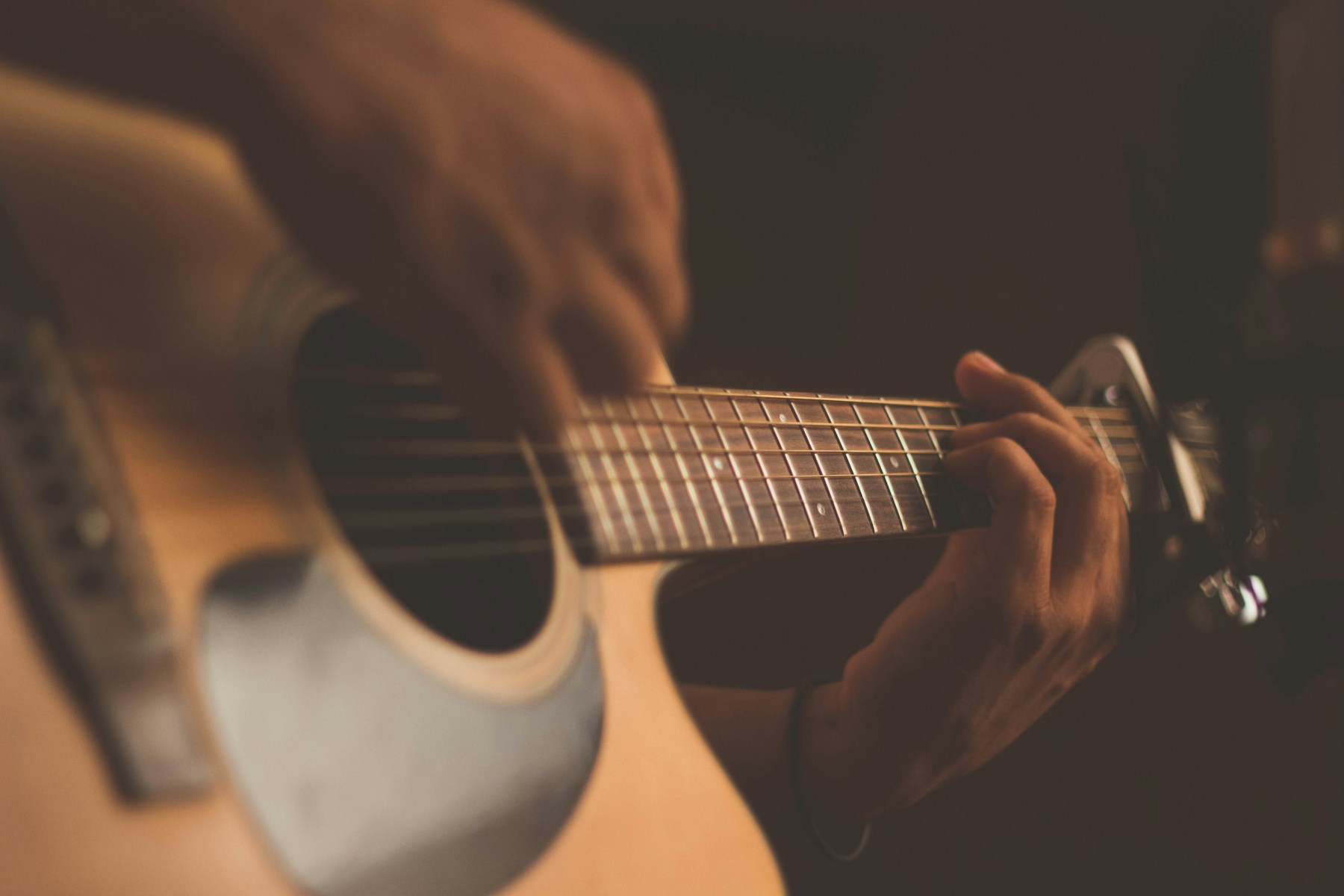 Close-up of an acoustic guitar being played